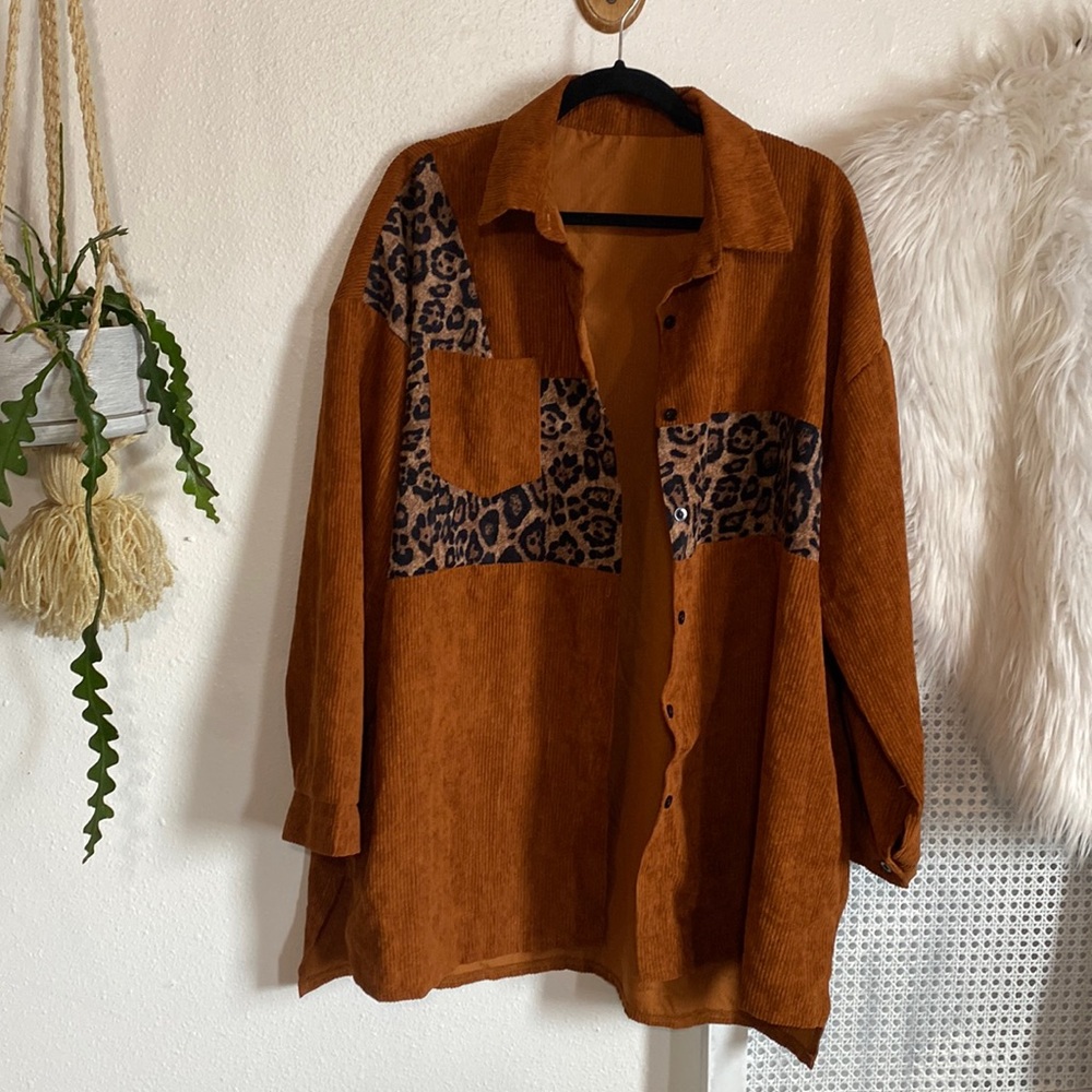 Cheetah rust corduroy oversized shacket button down shirt